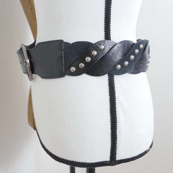 Black Leather Suede Silver Stud Metal Circle Buckle Y2K Rocker 80's Vintage Belt - Picture 6 of 9